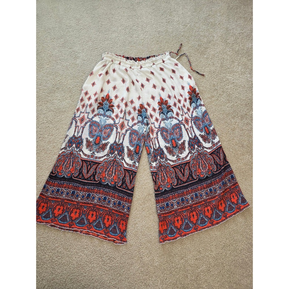 Free People Boho Paisley Wide Leg Palazzo Pants Red Blue Cream Gauze Large - Picture 3 of 10